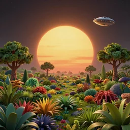 sunrise in alien planet, full of vegetation, colourful plants, trees, starship flying, matte painting, high detail, artstation