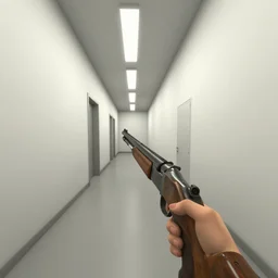 screenshot of a first person shooter game on unreal engine 5, narrow modern hallways of a government office facility with white dry wall, female hands painted nails holding shotgun, photorealistic, retrofuturism, concept art, trending on artstation