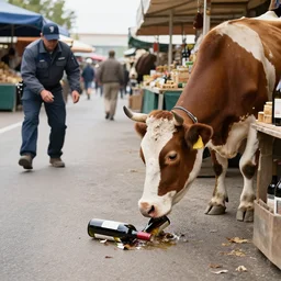 a cow steals wine from a market stall. one of the bottles breaks spilling its contents on the street. a guard is going after the cow