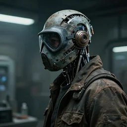 a half - masked rugged laboratory engineer man with cybernetic enhancements as seen from a distance, scifi character portrait by greg rutkowski, esuthio, craig mullins, 1 / 4 headshot, cinematic lighting, dystopian scifi gear, gloomy, profile picture, mechanical, half robot, implants, dieselpunk