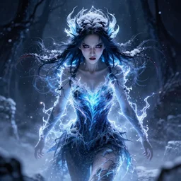 photorealistic full body shot of masterpiece angry darkness anime girl, beautifull lovely eyes, electric aura with particles, snowing frozen ice, darkness background, inspired by tim burton, detailed, unreal engine 4 k, volumetric light, fog