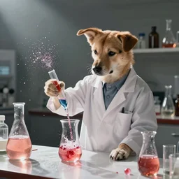 dog in a lab coat, mixing sparkling chemicals digital art