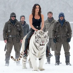 muscled Jennifer Connelly riding a fierce large white tiger, wintery scene, snow storm, Donato Giancola, Mark Brooks, Ralph Horsley, Charlie Bowater, Artgerm, Christopher Balaskas, Bastien Lecouffe-Deharme