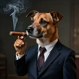 a dog wearing a business suit smoking a cigar, dramatic lighting, cinematic, establishing shot, extremly high detail, photorealistic, cinematic lighting, post processed, concept art, artstation, matte painting, style by greg rutkowsky
