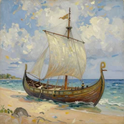 oil painting of a viking longship beached on a desert island in the south pacific, light scatter, van gogh