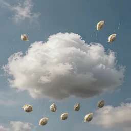 a raincloud raining dumplings, dumplings falling from the sky, photo realistic, highly detailed, sky