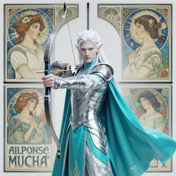 an epic concept art of a handsome snow elf in a turquoise cape and silver armour, bow and arrow, albino skin, winter vibes, elegant, very coherent symmetrical artwork, rule of thirds, by ralph hosley and alphonse mucha and charlie bowater, sharp focus, trending on artstation