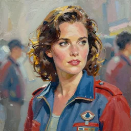 young jennifer connelly as jenny blake from the movie the rocketeer ; detailed artwork by phil noto ; brush texture ; asymmetric composition ; paint texture ; trending on artstation ; gallery painting by phil noto in the comic book style of phil noto