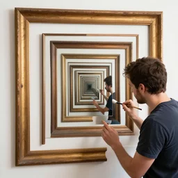 droste effect!!! a man paints a frame that displays the same photo in it, droste effect