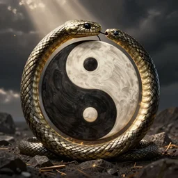 a yin yang symbol, surrounded by a snake eating its own tail, drawing