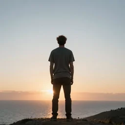 max caulfield watching sunset on the sea, standing on a hill, realistic, cinematic