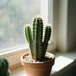an old photo of a cactus on a sunny windowsill, soft lighting