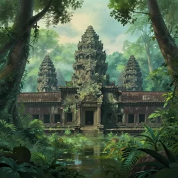 a misty jungle on another planet. flooded ruins the remind us of angkor wat. thick atmosphere. gorgeous beyond imagination. in the style of studio ghibli and pixar