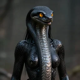 snake woman hybrid, long, black scales, bright amber eyes, chest coverd, scales on her chest, formless brests, flat chest, no nipples, smileing nright, cinematographic shot, by daniel f. gerhartz