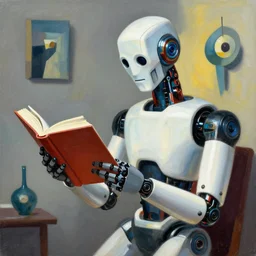A robot reading a book; in the style of Umberto Boccioni