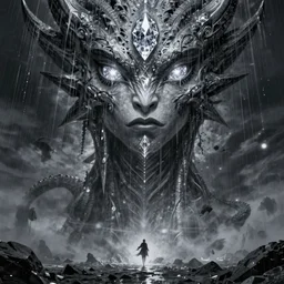 gorgeous lilith the mother of all monsters, destroyer of worlds, diamond eyes, raining ash, fine art masterpiece, highly detailed dino valls wayne barlowe machiej kuciara, dramatic lighting, long shot, wide angle, uhd 8 k, sharp focus