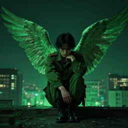 soldier with wings as angel defending city, night time, only green colours, green, green palette, sad, chill, fantastic, 4 k, 8 k, super detailed, hyper realistic