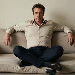 full body photo of steve, mature male, mysterious face. he is sitting gracefully on a sofa, elegant slim beige shirt, tight shirt, big pumped belly