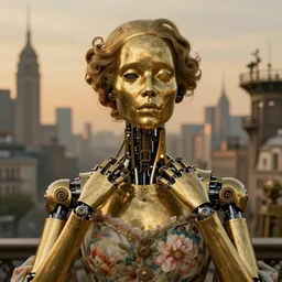 brass semi - mechanical woman, headshot portrait, floral art nouvea dress, art by j. c. leyendecker in steampunk cityscape designed by victor horta, golden hour, robotic prosthetic limbs