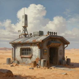 a painting of a small dystopian sci - fi safehouse in a harsh desert landscape, transmitters on roof, electrical appendages, rusty metal plating, cumulus clouds, greg rutkowski, marc simonetti, sergey vasnev, cinematic composition, concept art, artstation, 8 k, highly detailed