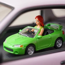 a redhead woman driving a Jada toys mitsubishi eclipse green diecast car, high resolution macro photo, viewed through the cars window