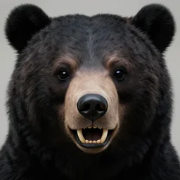 a scary portrait, horror bear head, black hair, professionally retouched, soft lighting, realistic, smooth face, black alien eyes, pointed big teeth, wide angle, sharp focus on the eyes, 8 k high definition, insanely detailed, intricate, elegant, beautiful, art by artgerm and wlop
