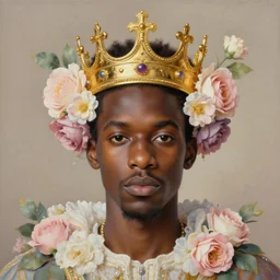 rococo portrait of a black prince wearing a golden crown with pastel flowers, highly detailed, symmetrical, realistic, 8 k, digital painting, art by krenz cushart, kehinde wiley, artem demura