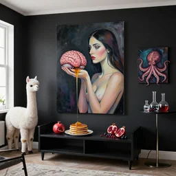 black walls, apartment of an art student, sensual portrait of a woman holding a brain, black furniture, honey dripping, berries dripping juice, pancakes, pomegranate, berries, alpaca sculpture, octopus, scientific glassware, neo - expressionism, surrealism, acrylic and spray paint and oilstick on canvas