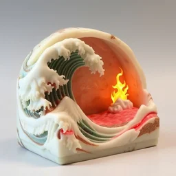 carved diorama of the great wave off kanagawa with pink lava and fire, carved out of transparent marble with celadon glaze