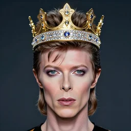 David Bowie with a diamond jeweled crown with a golden crown, photorealistic, highly detailed, 8k, in the art style of Filip Hodas, 8k