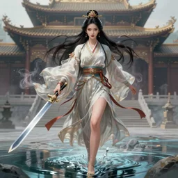 an epic fantasy comic book style portrait painting of a gorgeous sword dance chinese costume goddess, walking on water lipstick, eyeliner, by wlop trending on artstation & pinterest, long hair, smoke, full body xianxia, chinese temple, depth of field by yoji shinkawa 4 k