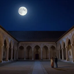 a beautiful picture of silent night sky, bright moonlight, empty cloister, two people, by greg rutkowski and thomas kinkade, trending on artstation