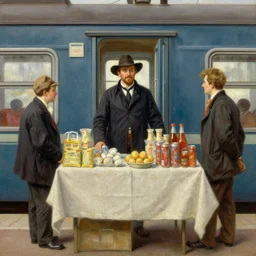 a vendor selling goodies on the train, highly detailed painting by gaston bussiere, craig mullins, j. c. leyendecker 8 k