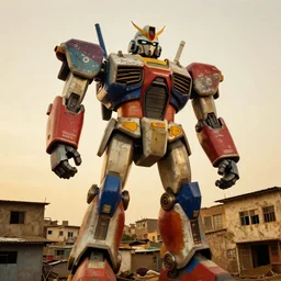colourful but run-down giant mecha ROBOT of AJEGUNLE SLUMS of Lagos, markings on robot, Golden Hour,