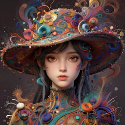 brown eyes girl with abstract hat :: by Martine Johanna and Simon Stålenhag and Chie Yoshii and Casey Weldon and Guillermo del toro :: ornate, dynamic, particulate, rich colors, intricate, elegant, highly detailed, centered, artstation, smooth, sharp focus, octane render, 3d