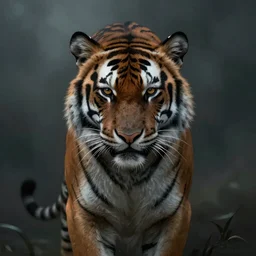 portrait of reptilian tiger, centered, digital painting, artstation, concept art, by donato giancola, Sean Yoro, Greg Rutkowski, trending on Artstation, Joseph Christian Leyendecker, WLOP, Boris Vallejo, dark, moody, foggy
