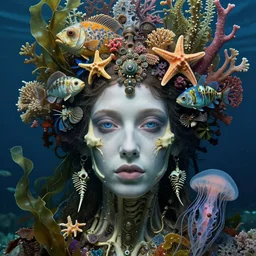 hyperrealistic detailed underwater face portrait of the beautiful goddess of the fish skeletons with an intricate headgear of corals, sea kelp, sea plants, fish, starfish, jellyfish, art by ernst haeckel, john william godward, android jones, alphonso mucha, gothic - cyberpunk, ornamental, beautiful deep colours,