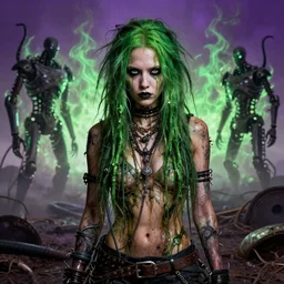 highly detailed portrait of an moody wasteland punk long dripping green poison hair tribal lady, stray wirey rubber hoses by atey ghailan, james gilleard, by joe fenton, by greg rutkowski, by greg tocchini, by kaethe butcher, 4 k resolution, gradient purple, brown black and white color scheme!!! ( ( green flaming robotic sewer background ) )