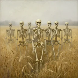 crowd skeleton standing in a stomry, foggy wheat field, in the style of andrew wyeth, fine details