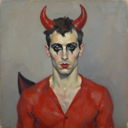 expressive portrait of a man on a devil party costume, impasto painting, muted colors, artwork by alice neel