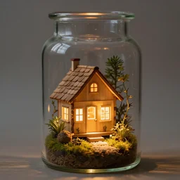 a tiny wooden cottage with warm lights inside a terrarium bottle.