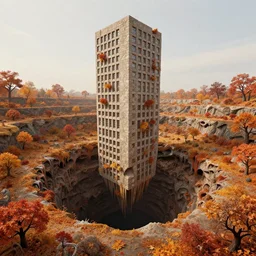 a tall monolithic brutalist stone autumnal building plunging in to a giant sink hole in the ground, a surreal moonscape of autumnal tiers spreading, trees and geology made of dripping fluid, ornate, peter mohrbacher, fred tomaselli, victo ngai, roger dean