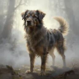 stinky dog, ethereal back light, mist, coherent composition, detailed fantasy painting by noriyoshi ohrai