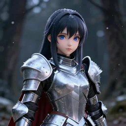 portrait focus of knight beautiful 3D anime girl, marshmallow armor wearing, dark forest background, snowing, bokeh, inspired by Masami Kurumada, digital painting, high contrast, unreal engine render, volumetric lighting, high détail