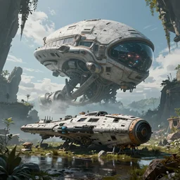 an alien spaceship abandoned on a fairy biome, digital art, wet reflections, unreal engine 5, intricate details, fantasy, hyper realism, humongous view, rtx, smooth, cinematic