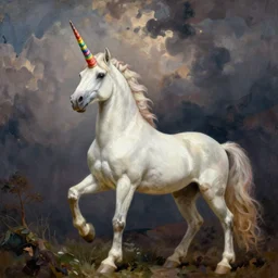 A unicorn with a rainbow colored horn, epic scene, Henri Rousseau