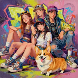 beautiful painting illustration of hiphop solarpunk summertime teen chilling with corgi, by dao le trong, daniela uhlig, craig mullins, craig davison. trending on artstation, 8 k, masterpiece, graffiti paint, fine detail, full of color, intricate detail, golden ratio illustration, face enhance