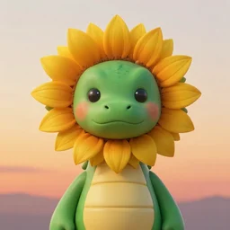a photo of a dragon, serious sunflower dragon with freckles on it's cheeks with sunset in background