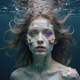 i woke up in a world that had fragments of you. three-quarters portrait, flaky paper skin, different colored multicolored eyes, long flowing hair underwater, imagination cosmic dream, dreamy, 8k artgerm bokeh, award winning photography, trending on artstation, by Ivan Aivazovsky and Odilon Redon