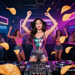 chips are dancing in the club, realistic, full shot, neon, dj, glamor, style 2 0 0 0 s